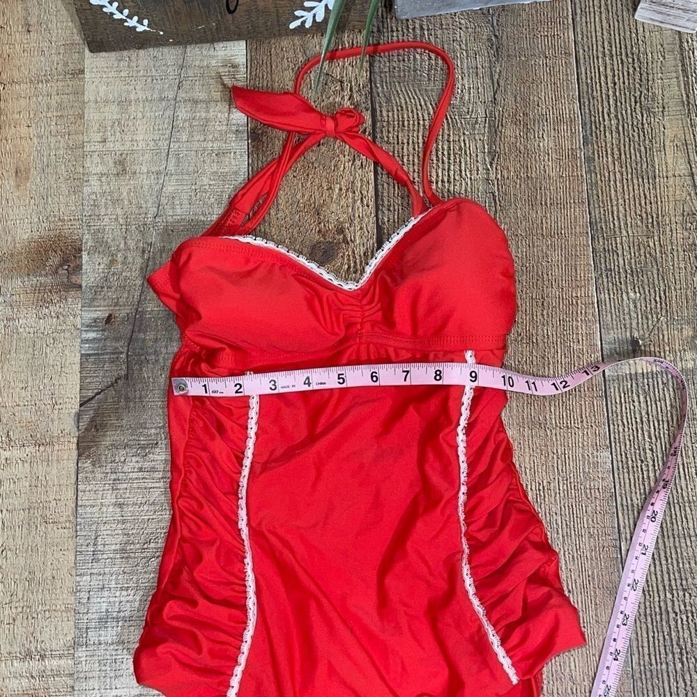 🎆 VM Ruched Lace Halter Red One Piece Swimsuit - Picture 6 of 7
